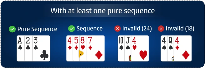 with at least one pure sequence a23 rummy
