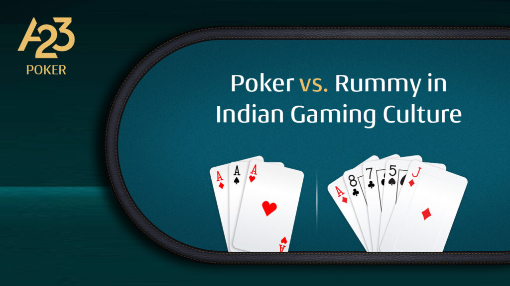 A23 Poker banner image of a blog speaking about Indian Poker vs Indian Rummy